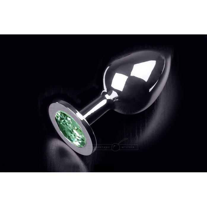 Большая серебристая анальная пробка с круглым кончиком и изумрудным кристаллом - 9 см