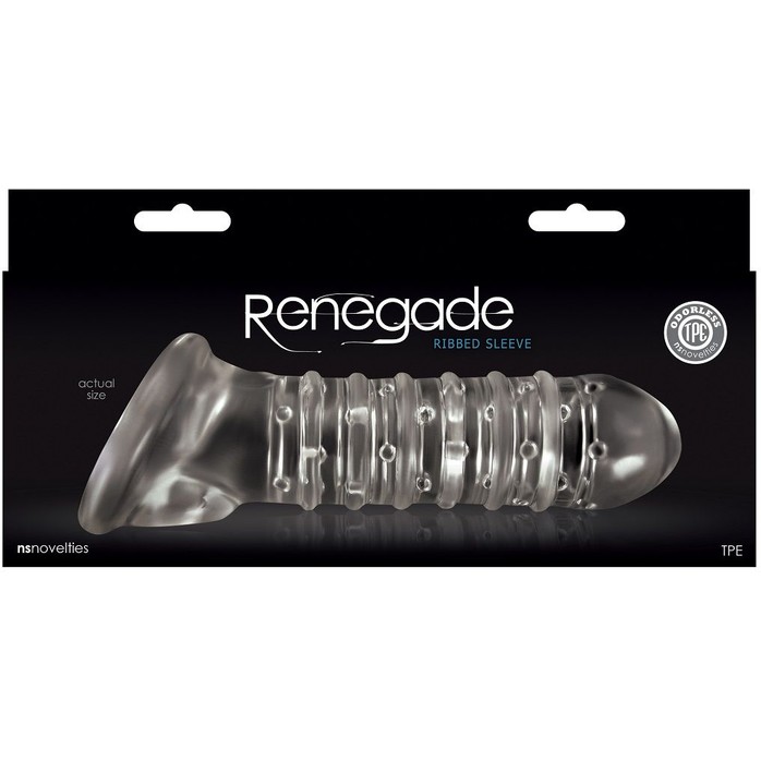 Прозрачная насадка на пенис с точками, рёбрами и подхватом мошонки Renegade Ribbed Sleeve - Renegade. Фотография 2.