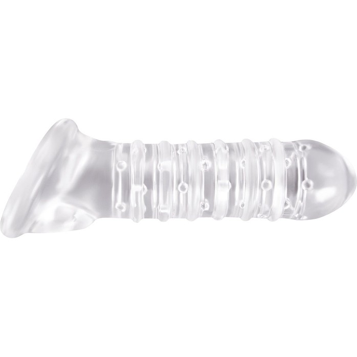 Прозрачная насадка на пенис с точками, рёбрами и подхватом мошонки Renegade Ribbed Sleeve - Renegade