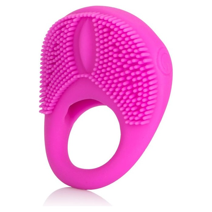 Розовое эрекционное кольцо с щеточкой и вибрацией Silicone Intimacy Enhancer - Couples Enhancers