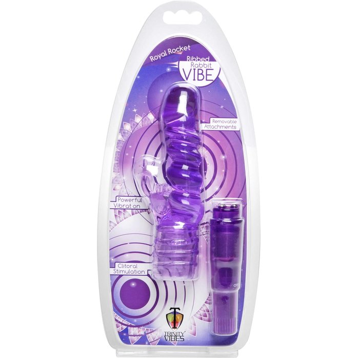 Фиолетовая виброракета с насадкой-кроликом Ribbed Rabbit Vibrator - 21,6 см - Trinity Vibes. Фотография 3.