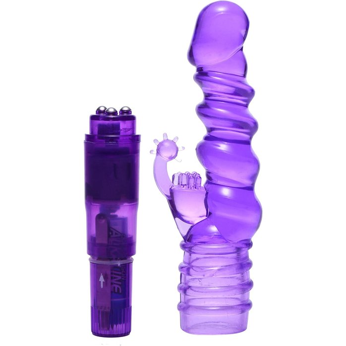 Фиолетовая виброракета с насадкой-кроликом Ribbed Rabbit Vibrator - 21,6 см - Trinity Vibes