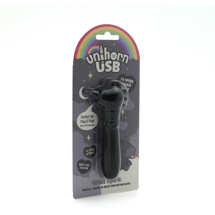 Черная вибропуля Unihorn USB Wild Spirit со стимуляцией язычком. Фотография 4.