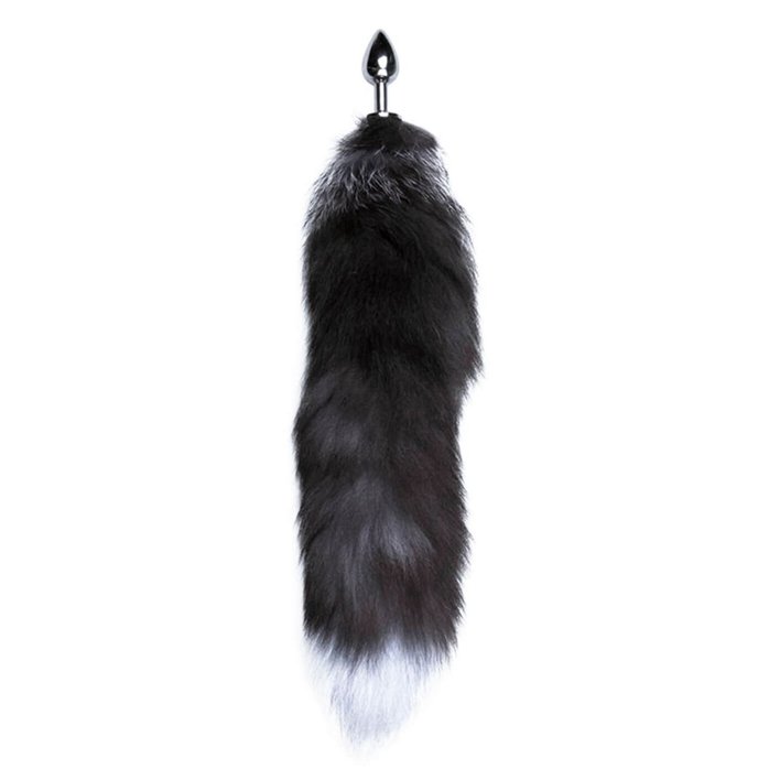 Серебристая анальная пробка с темным лисьим хвостом Black White Fox Tail Size S - Alive. Фотография 2.