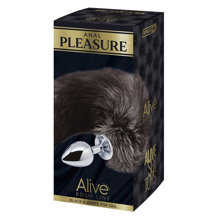 Серебристая анальная пробка с темным лисьим хвостом Black White Fox Tail Size S - Alive. Фотография 3.