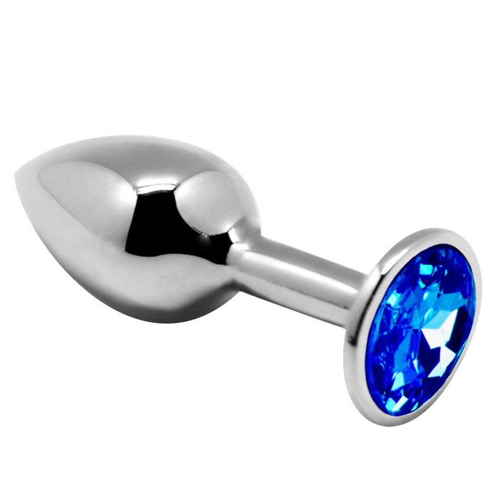 Серебристая анальная втулка с синим кристаллом Mini Metal Butt L - 9 см - Alive