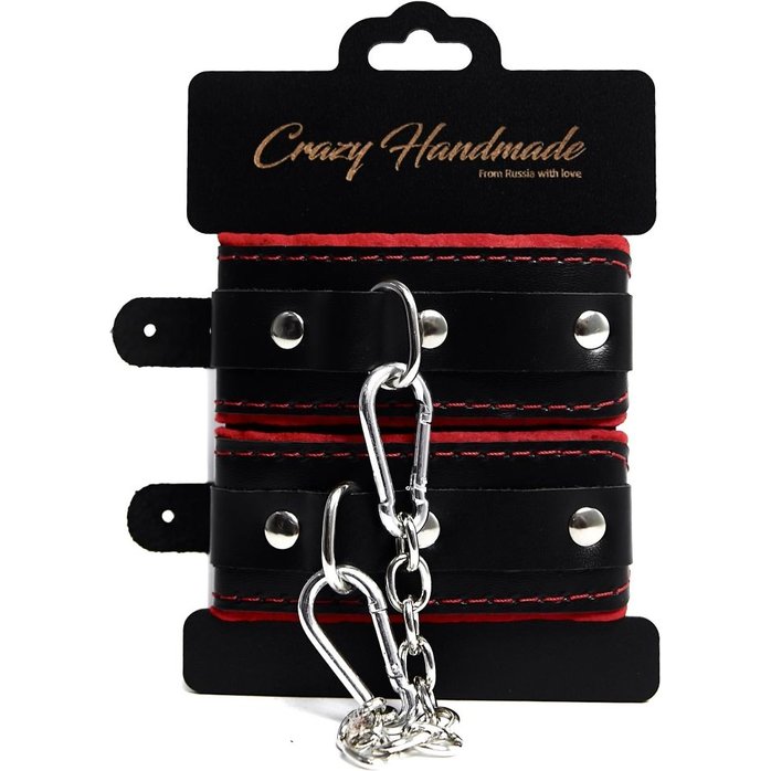 Черные наручники с красной подкладкой, строчками и скругленными ремешками