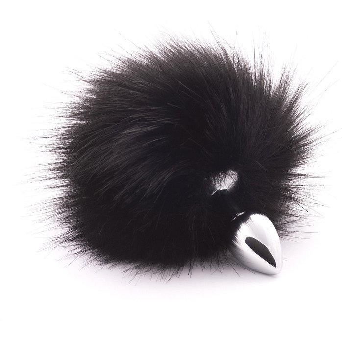 Серебристая анальная пробка с черным хвостиком из искусственного меха