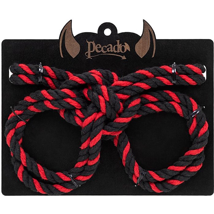 Черно-красные наручники-оковы «Узел-Альфа» из хлопковой веревки. Фотография 3.