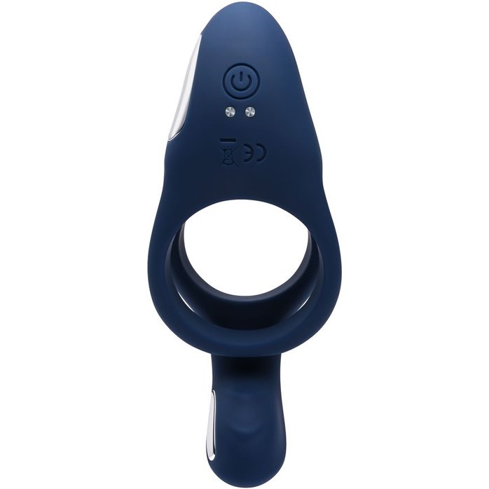 Синее эрекционное виброкольцо с двойным подхватом мошонки Ring Around The Rosy. Фотография 4.