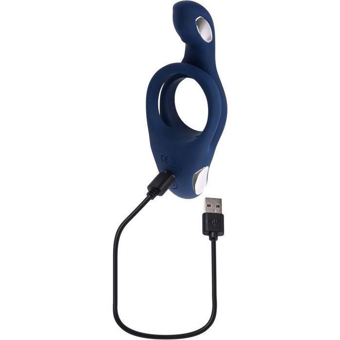 Синее эрекционное виброкольцо с двойным подхватом мошонки Ring Around The Rosy. Фотография 8.