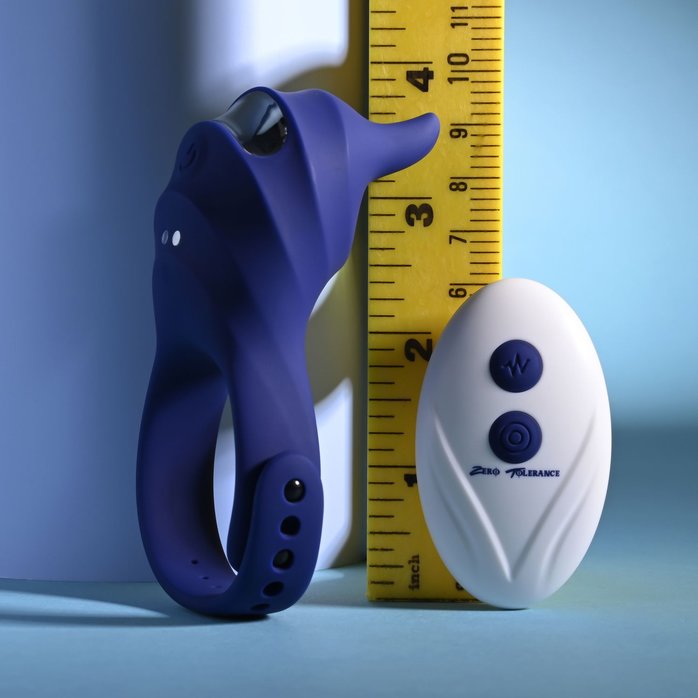 Синее эрекционное виброкольцо с клиторальной подушечкой и пультом ДУ Adjustable Fun Ring. Фотография 12.