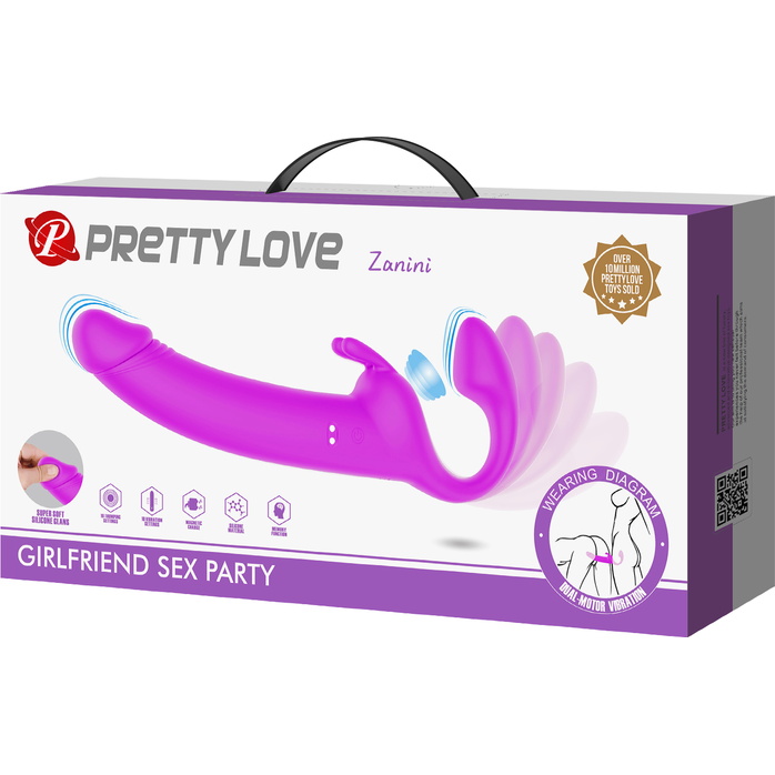 Лиловый безремневой страпон с вибрацией Zanini - Pretty Love. Фотография 9.