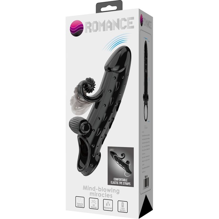 Черная вибронасадка на пенис с подхватом мошонки - 20 см. Фотография 2.