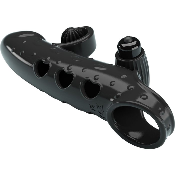 Черная вибронасадка на пенис с подхватом мошонки - 20 см. Фотография 5.