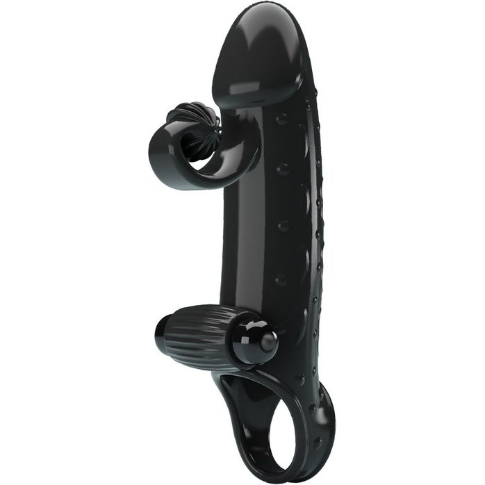 Черная вибронасадка на пенис с подхватом мошонки - 20 см