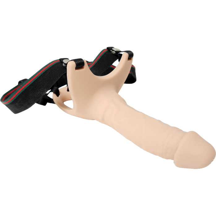 Телесный полый страпон на ремешках - 16,5 см. Фотография 5.