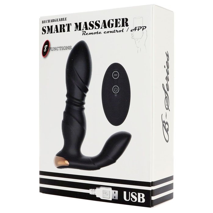 Черный L-образный вибромассажер простаты с пультом ДУ. Фотография 2.