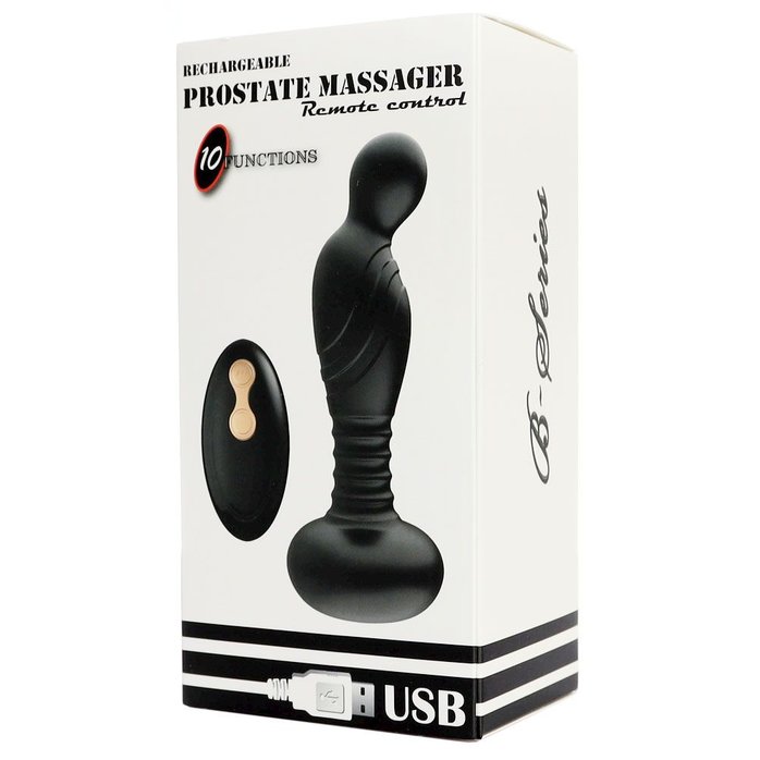 Черный массажер простаты с вибрацей и возвратно-поступательными движениями. Фотография 2.