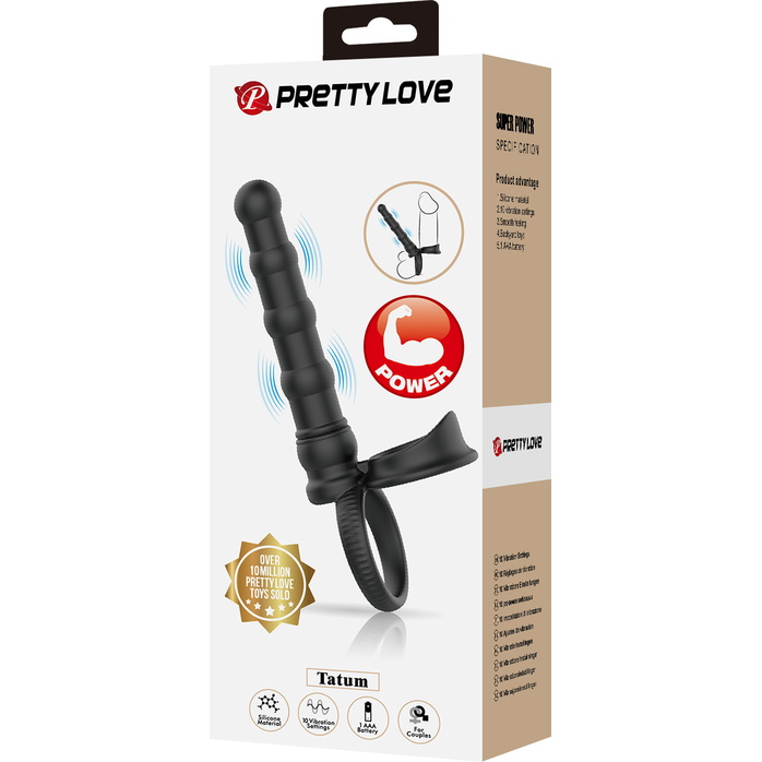 Черная насадка на член для двойного проникновения Tatum с вибрацией - Pretty Love. Фотография 9.