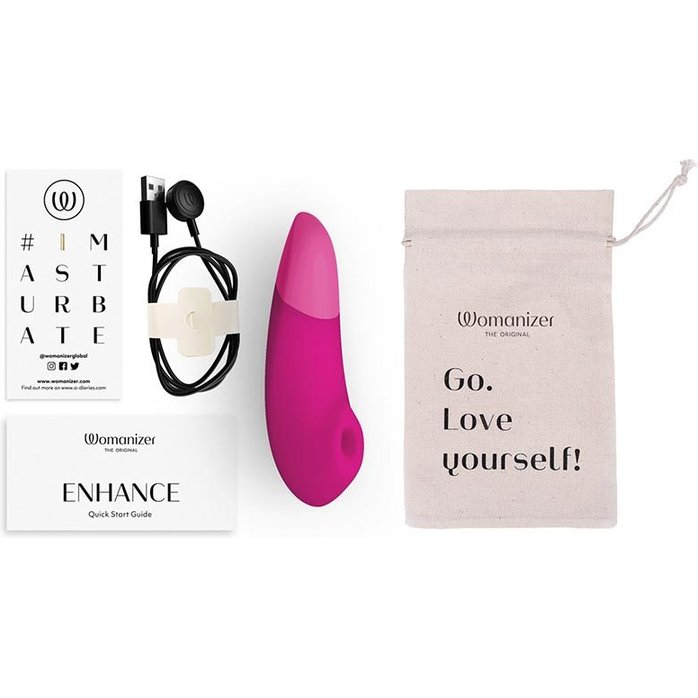 Розовый бесконтактный клиторальный стимулятор Womanizer Enhance с вибрацией. Фотография 5.