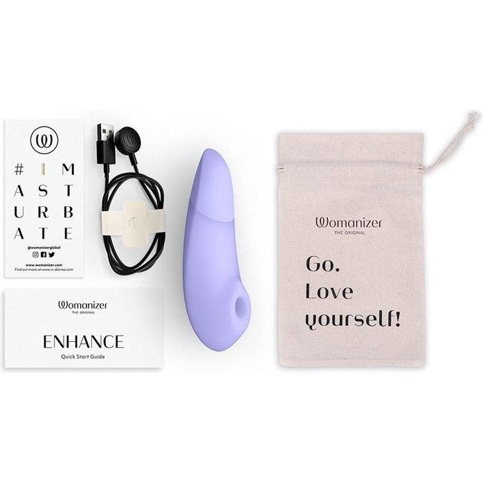 Сиреневый бесконтактный клиторальный стимулятор Womanizer Enhance с вибрацией. Фотография 4.