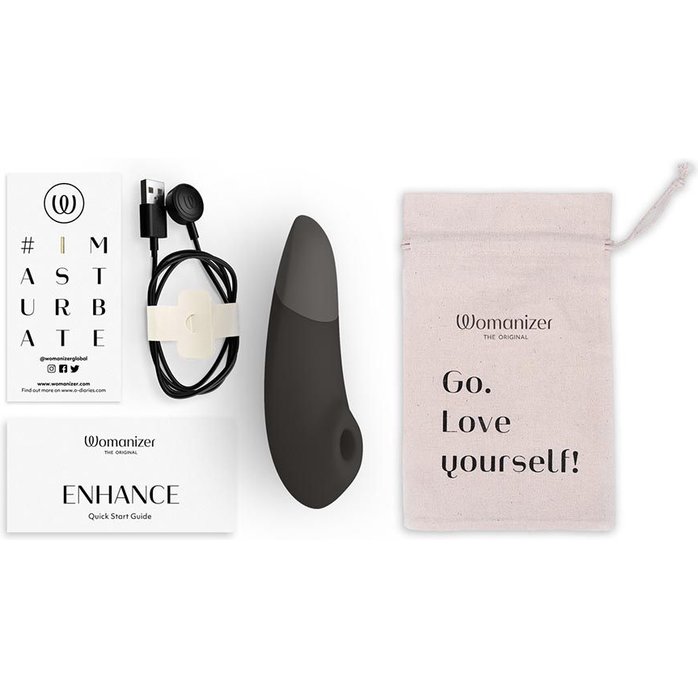 Черный бесконтактный клиторальный стимулятор Womanizer Enhance с вибрацией. Фотография 5.