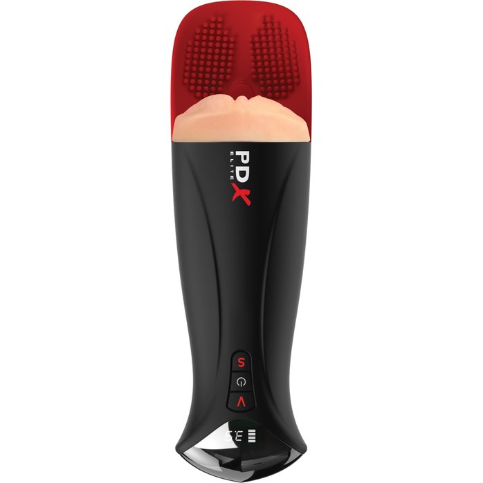 Телесный мастурбатор-вагина в черной колбе с вибрацией Fuck-O-Matic Pro XL - PDX Elite. Фотография 2.