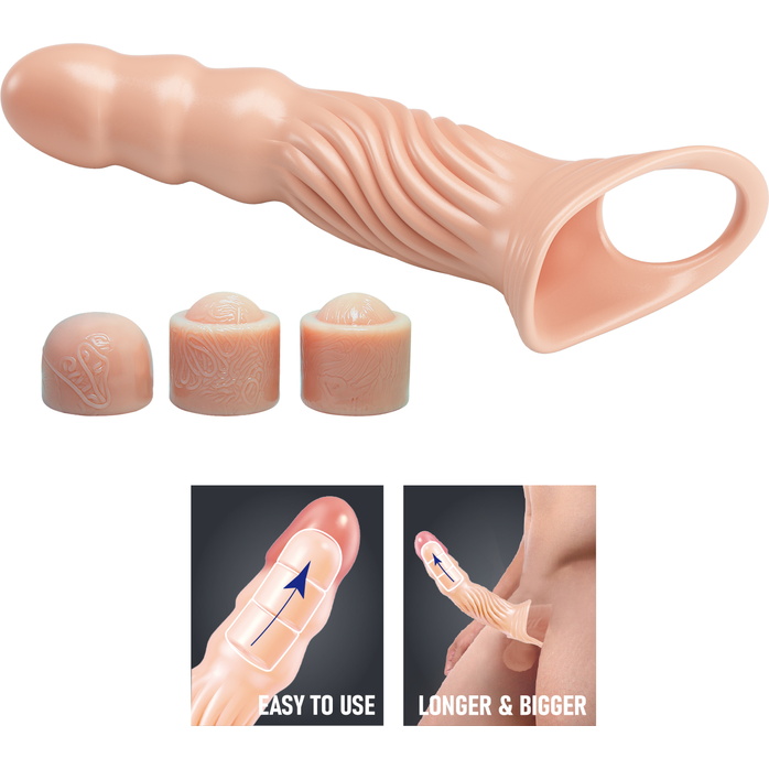 Телесная насадка на пенис с тремя вкладышами-удлинителями - 24 см - Pretty Love. Фотография 3.