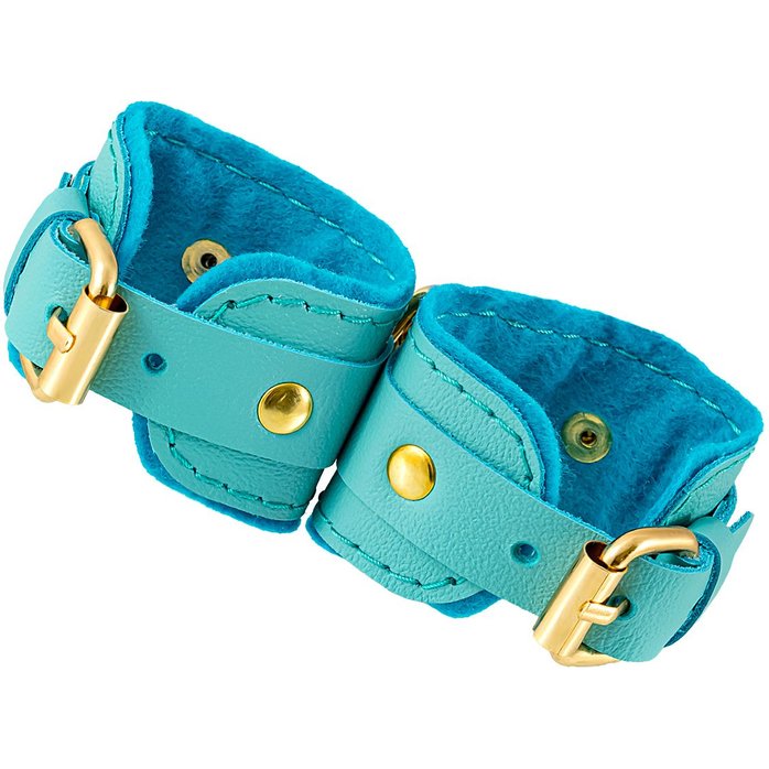 Голубые двуслойные кожаные наручники-браслеты. Фотография 2.