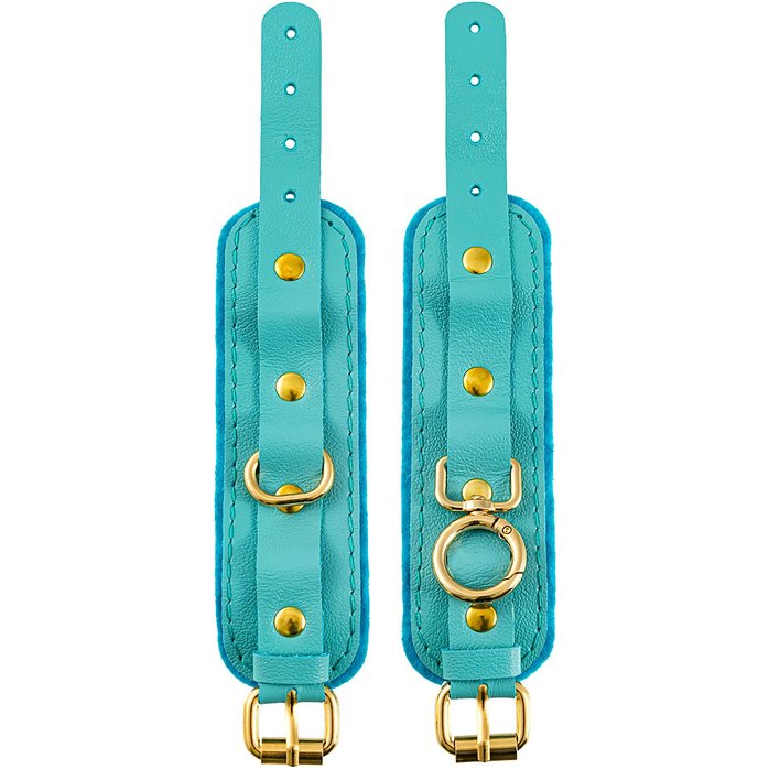 Голубые двуслойные кожаные наручники-браслеты. Фотография 3.