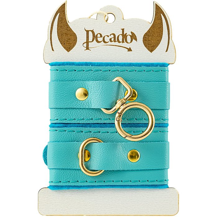 Голубые двуслойные кожаные наручники-браслеты. Фотография 4.