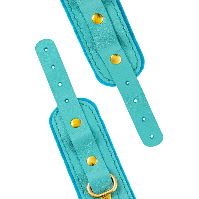Голубые двуслойные кожаные наручники-браслеты. Фотография 6.
