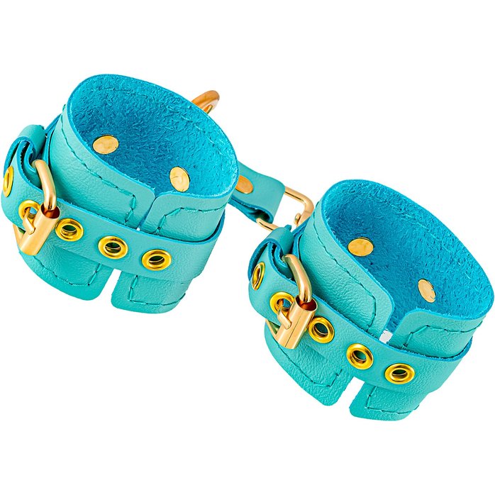 Голубые однослойные кожаные наручники. Фотография 2.