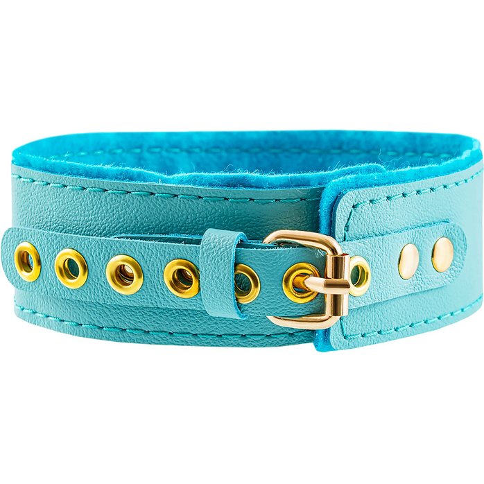 Голубой двуслойный кожаный ошейник с подкладкой из фетра. Фотография 3.