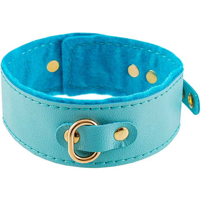 Голубой двуслойный кожаный ошейник с подкладкой из фетра. Фотография 4.