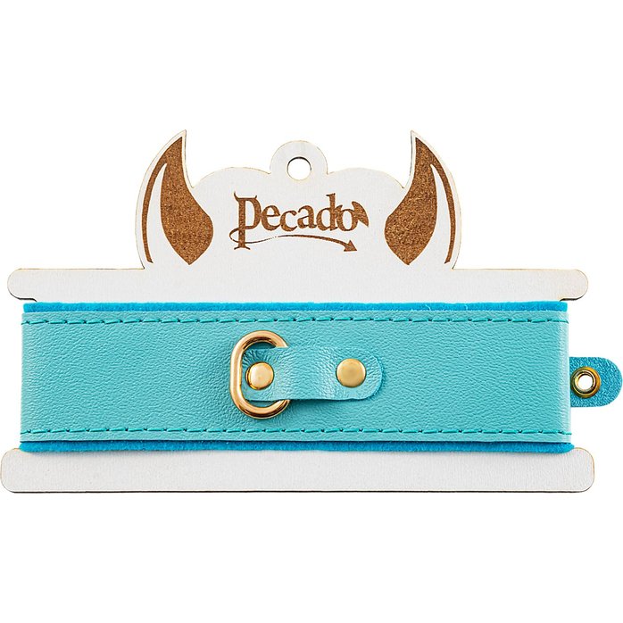 Голубой двуслойный кожаный ошейник с подкладкой из фетра. Фотография 6.