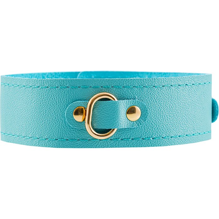 Голубой кожаный однослойный ошейник с прошивкой. Фотография 2.