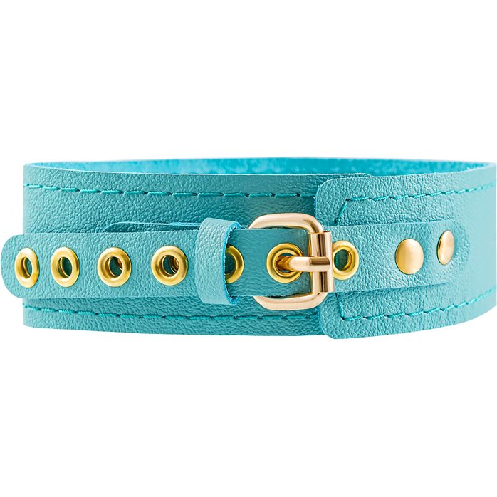 Голубой кожаный однослойный ошейник с прошивкой. Фотография 3.
