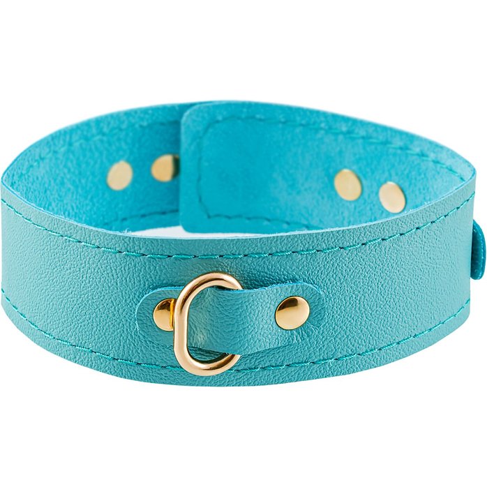 Голубой кожаный однослойный ошейник с прошивкой. Фотография 4.
