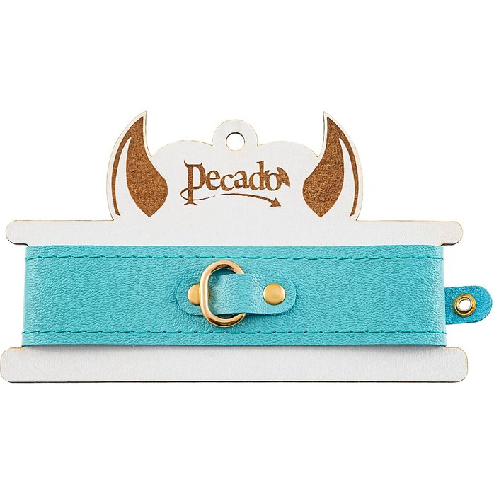 Голубой кожаный однослойный ошейник с прошивкой. Фотография 5.