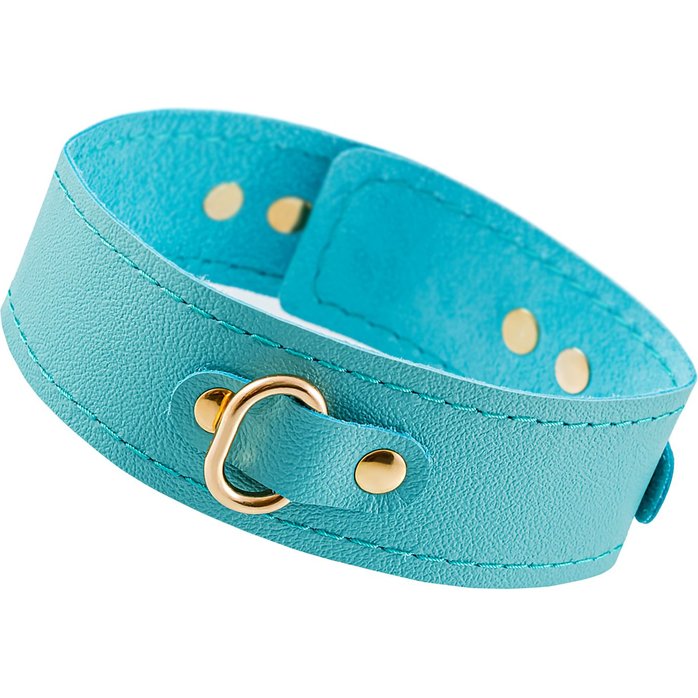 Голубой кожаный однослойный ошейник с прошивкой