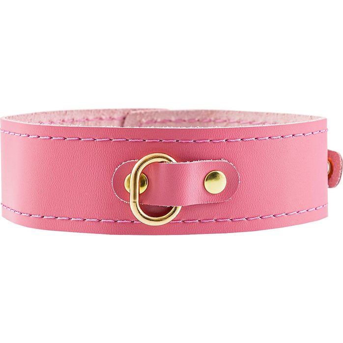 Розовый кожаный однослойный ошейник с прошивкой. Фотография 2.