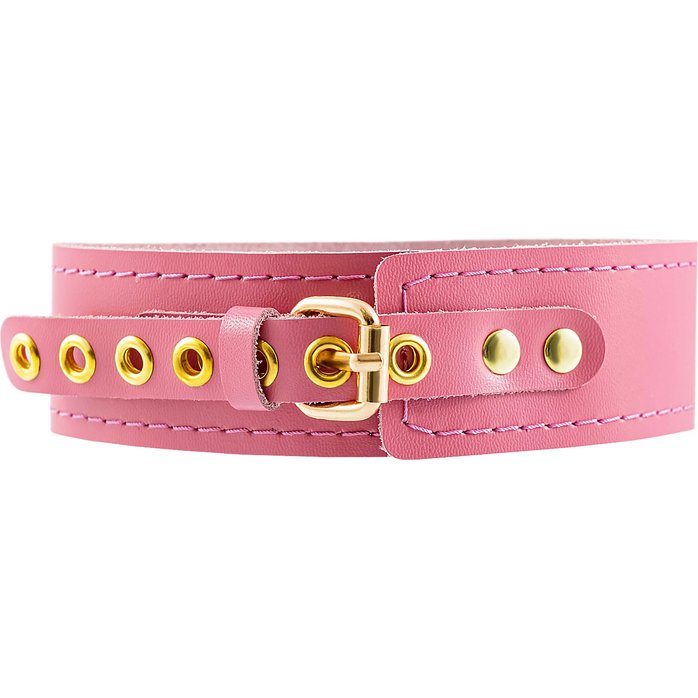 Розовый кожаный однослойный ошейник с прошивкой. Фотография 3.
