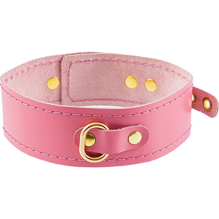 Розовый кожаный однослойный ошейник с прошивкой. Фотография 4.