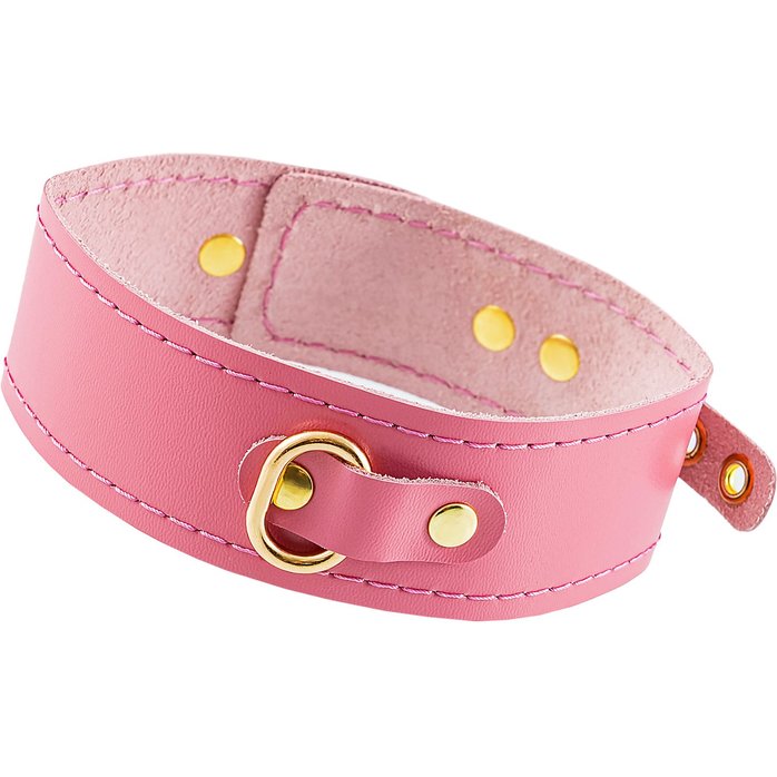 Розовый кожаный однослойный ошейник с прошивкой
