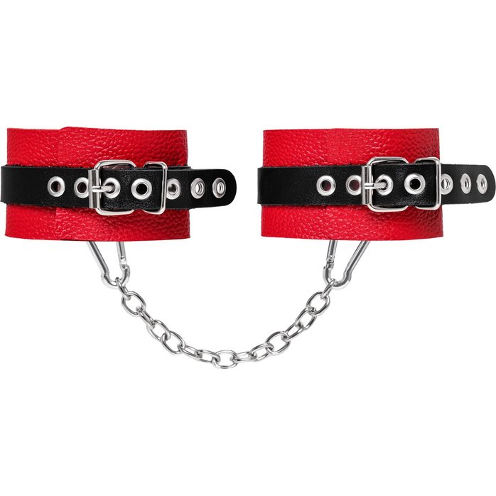 Красно-черные мягкие оковы с одним ремешком и люверсами. Фотография 3.