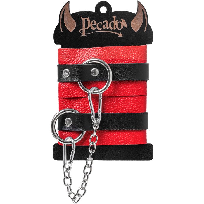 Красно-черные мягкие оковы с одним ремешком и люверсами. Фотография 6.