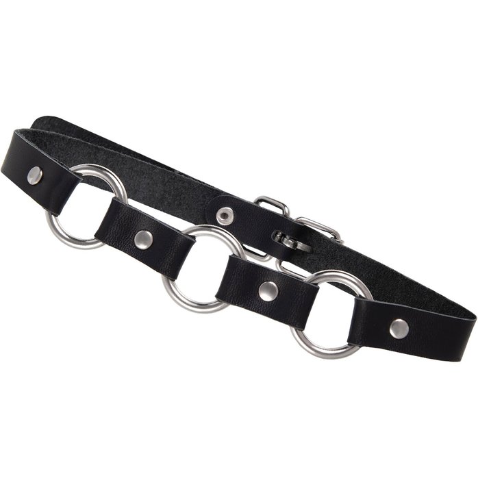 Черный кожаный чокер-ошейник с тремя кольцами. Фотография 4.