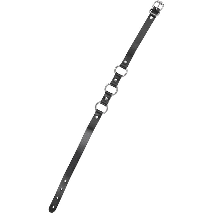 Черный кожаный чокер-ошейник с тремя кольцами. Фотография 5.